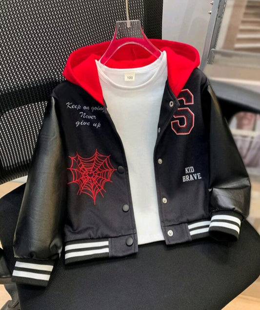 Spider & Letter Printed Sleeve Patchwork Hooded Jacket