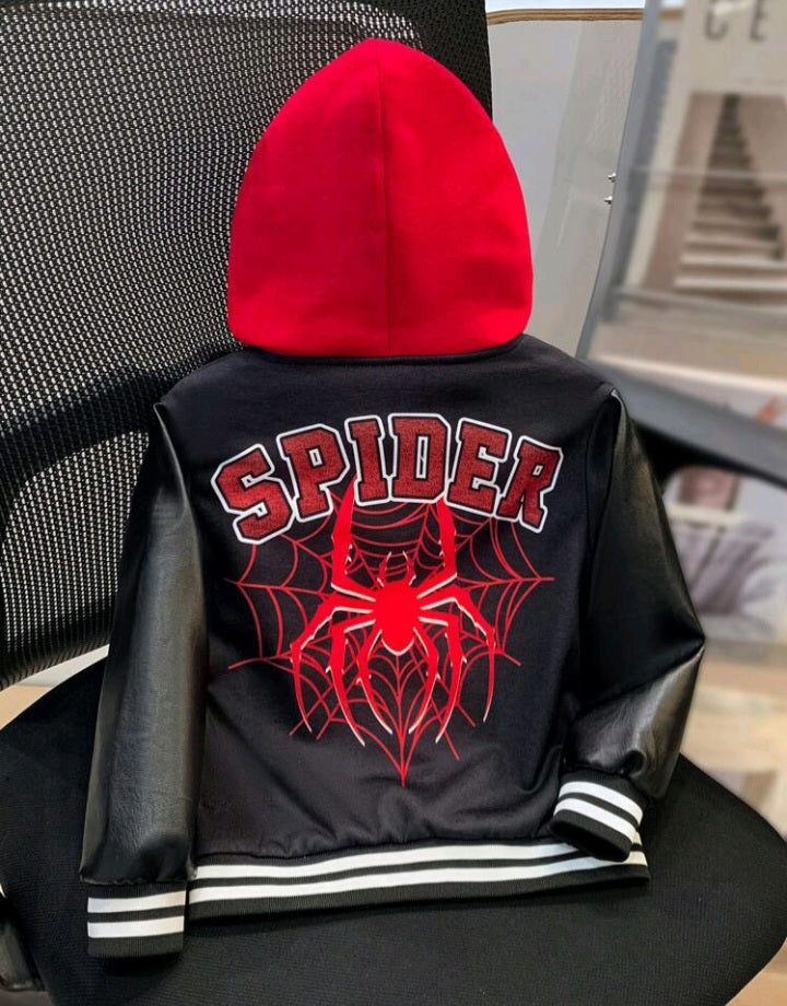 Spider & Letter Printed Sleeve Patchwork Hooded Jacket